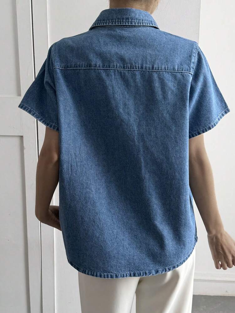 Women's Turndown Collar Short Sleeve Loose Denim Casual Blouse
