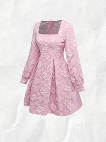 Olithes 女士优雅方领提花腰部褶裥喇叭迷你连衣裙 - 粉色 - 查看 3