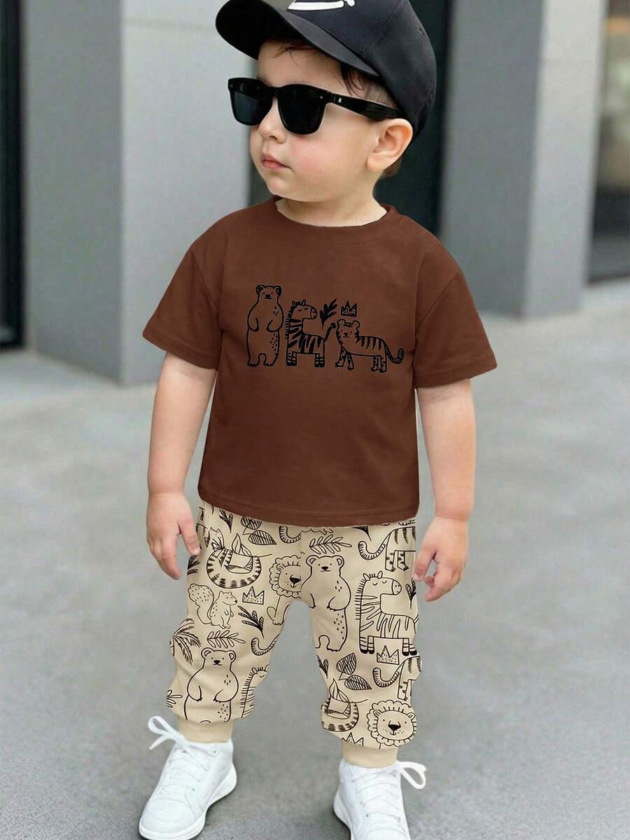 Bubblio 男婴休闲宽松舒适短袖T恤裤套装（2件），适合春夏穿着，经典可爱图案：斑马、老虎、棕熊、狮子、松鼠、河马、大象卡通动物世界印花 - 彩色 - 查看 1