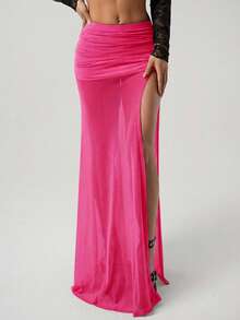 SHEIN ICON Women's High Slit Black Mesh Ruched Waist Sexy Vacation Metal Decor Skirt - Hot Pink - View 6