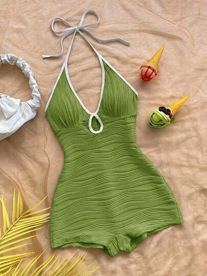 Soleia Women's Casual Vacation V-Neck Halter Tie Bow Hollow Front Contrast Color Trim Bodycon Ribbed Jumpsuit, Suitable For Party, Date, Afternoon Tea, Beach, Layering