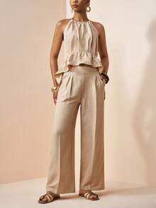 Zivah 2026 Vacation Casual Ruffled Hem Elegant Halter Top And Pants Set - Khaki - View 5