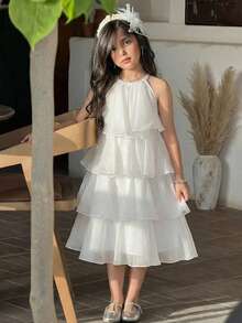 SHEIN Đầm hè organza màu trắng thanh lịch dễ thương cho bé gái/bé gái - trắng - Xem 4