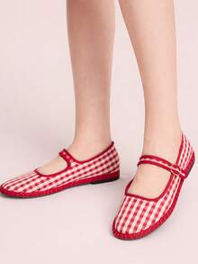 CUCCOO DOLLMOD Giày bệt nữ cổ điển màu đỏ kẻ caro, quai đơn. - Đỏ - Xem 3