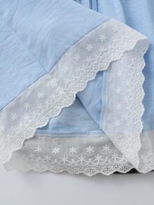 GlowEve Casual Cute Lace Patchwork Hem & Flutter Sleeve Solid Color Blouse For Women, Blue - Baby Blue - View 4
