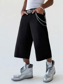 PAVTROS Men's Embroidered Loose Casual Slant Pocket Wide Leg Denim Shorts - Black - View 3