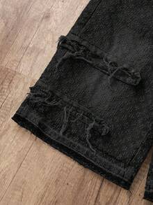 Manfinity Joysei 男士休闲宽松破洞牛仔阔腿短裤 - 黑色 - 查看 6