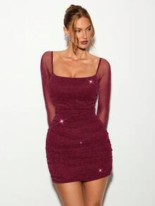 Nuvra 女士长袖闪亮金属色二合一塑身连衣裙，内置胸垫，休闲双层收腹提臀紧身迷你连衣裙，后背交叉系带领口，派对装 - 酒紅色 - 查看 9