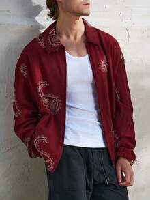 Airaco Men's Casual Cashew Print Zipper Long Sleeve Jacket, Versatile For Daily Wear - Burgundy - View 5