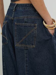 COUREZ Jeans holgados de globo de tiro bajo con detalle de costura frontal en lavado azul / Ropa de primavera Y2K para mujeres Pantalones vaqueros azules Atuendos de vacaciones de primavera Atuendos de festival Atuendos de verano Atuendos para salir - Azul lavado oscuro - Ver 7