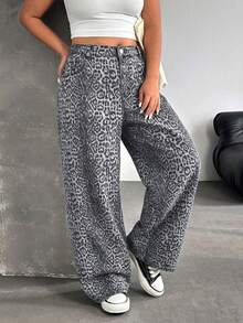 Jeanoix Y2K Streetwear Casual Plus Size Leopard Print Baggy Jeans - Multicolor - View 5