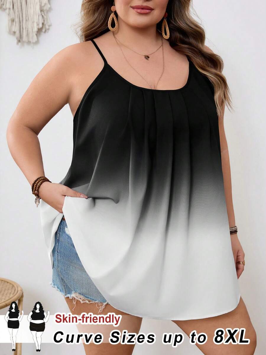 SHEIN CURVE+ Curve 尺码 US22 音乐节、海滨度假、波西米亚风女士渐变休闲百搭日常吊带背心 - 黑與白 - 查看 1