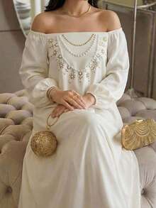 Yasmyna Women's Off-Shoulder Lantern Sleeve Loose Long Elegant Arabian Dress - Yellow - View 7
