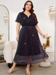SHEIN Clasi Plus Size Solid Color Notched Neck Elegant Short Sleeve Dress - Multicolor - View 1