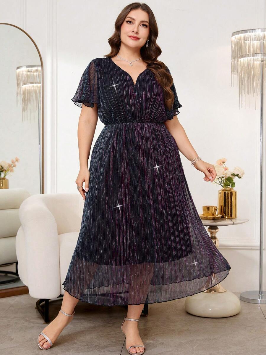 SHEIN Clasi Plus Size Solid Color Notched Neck Elegant Short Sleeve Dress - Multicolor - View 1