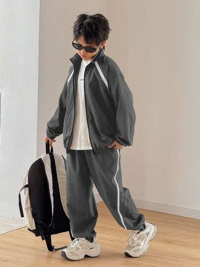 SHEIN 2 件套青少年男孩休闲韩版宽松立领夹克和抽绳裤套装，适合秋冬运动休闲