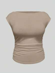 EMERY ROSE Camiseta casual de cuello de barco con pliegues de unicolor para mujer de talla grande - Multicolor - Ver 4