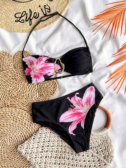 SHEIN Tween Girl Solid Color Strapless Tie Metallic Jewelry Bikini Set For Summer, Bathing Suit Set /Beach Girl Outfit/ Swim Suits Two Pieces/ Bathing Suits For Teens Bikini Set