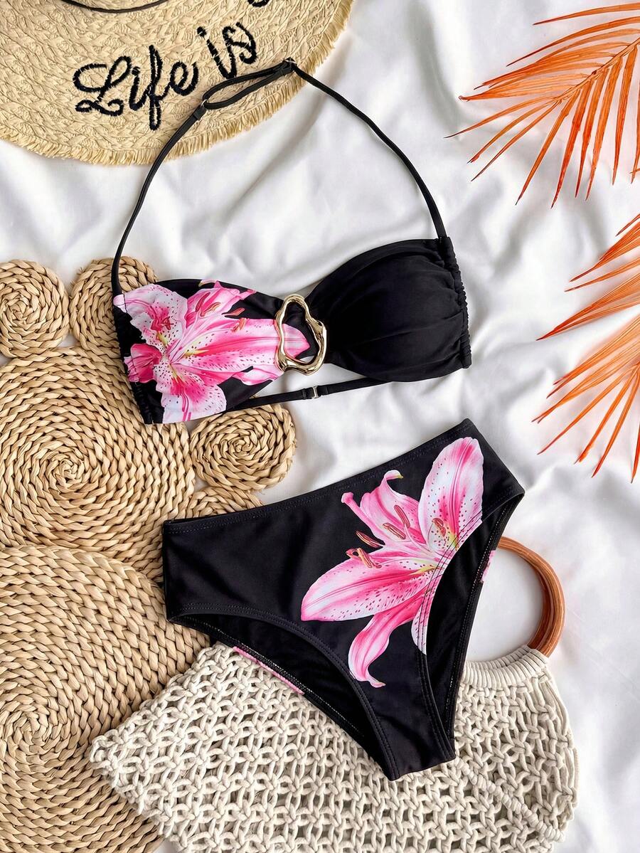 SHEIN 适合青少年女孩的纯色无肩带系带金属饰品比基尼套装,夏季泳装套装/沙滩女孩装/两件式泳衣/青少年比基尼套装 - 彩色 - 查看 1