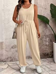 SHEIN LUNE Bộ đồ liền thân không tay đơn giản, đa năng, thường ngày cỡ lớn dành cho nữ - Màu Khaki - Xem 4