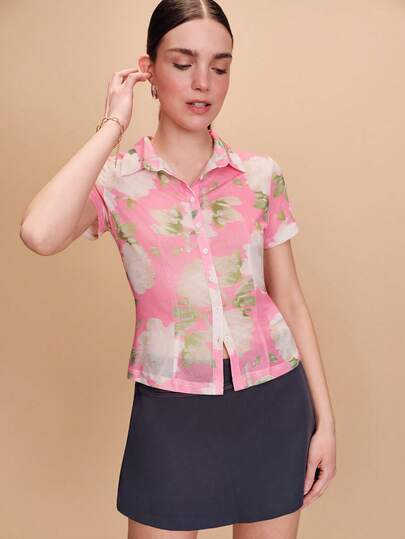 lacRébo Pink Floral Print Mesh Button Front Short Sleeve Shirt Spring Summer Fitted Flower Top Vacation Top Going Out Top