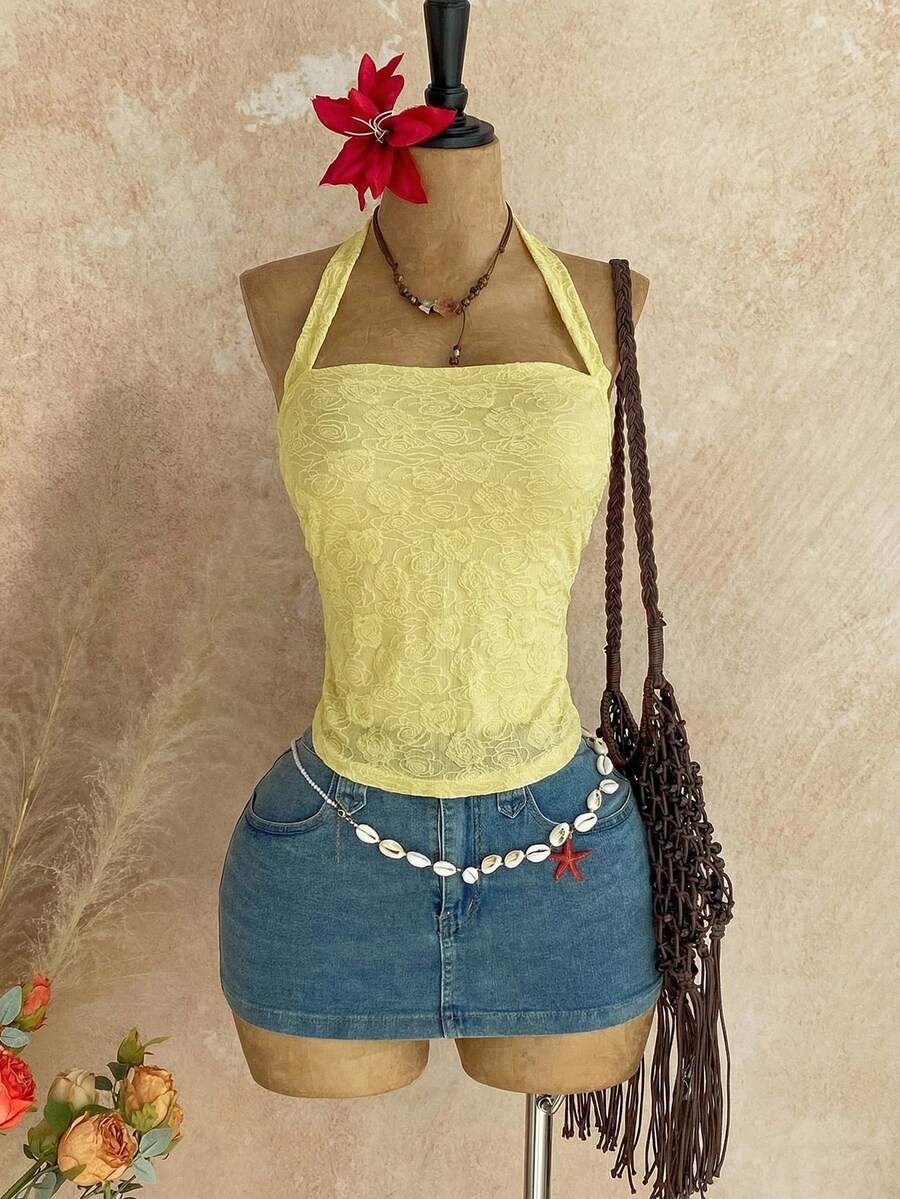 Soleia Camiseta de punto blanca con textura y ajuste ceñido con escote halter para vacaciones de mujer - Amarillo - Ver 1