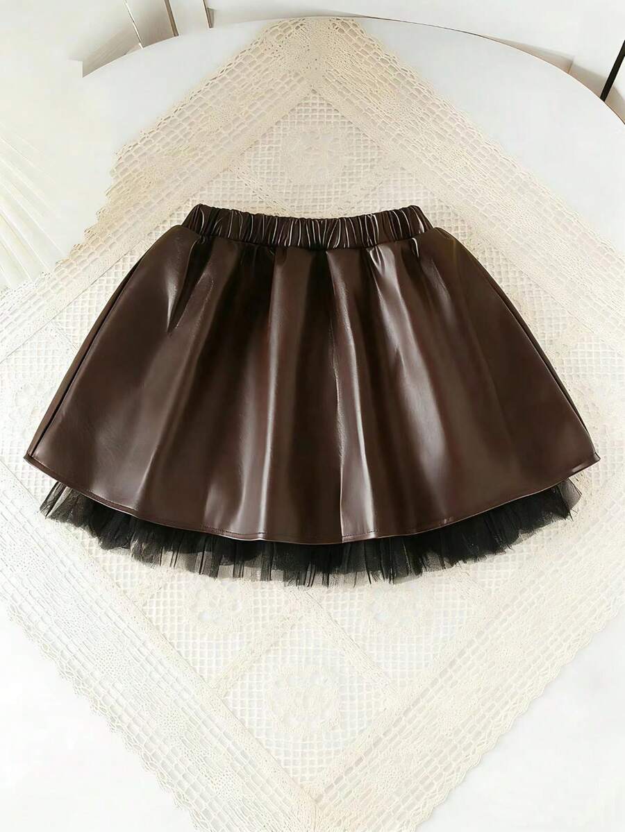 SHEIN 新款黑色A字女童裙,裙摆饰有网纱蕾丝配饰,舒适、时尚、优雅、甜美可爱,是日常出行的必备单品。 - 棕色 - 查看 1