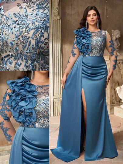 Aureia Plus Size Elegant Boat Neck Luxury Sequins Embroidery Patchwork Color Block Long Sleeve High Slit Side Sheer Party Dress, Suitable For Party, Celebration, Wedding Events & Gala (Intricate Design) Fall Dress Wedding Guest Dress - Elegant Floor Length Gown For Formal Occasion