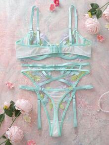 Conjunto de sujetador y ropa interior de encaje con bordado floral de primavera, diseño de tirantes calados + conjunto de 3 piezas con bragas sexy y liguero - Verde - Ver 2