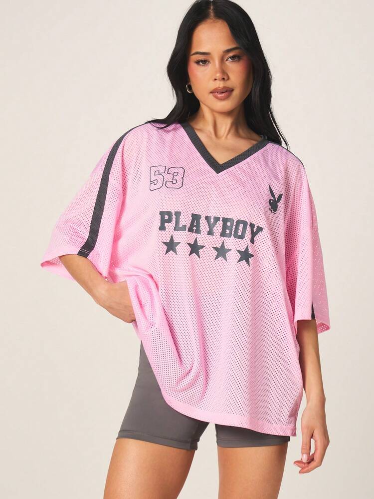Missguided x Playboy Damen Rosa Mesh Fußballtrikot mit kontrastierendem Schwarzen Saum und Logo Muster