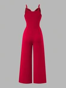 SHEIN 纹理面料吊带连体裤，法式蝴蝶结设计，小众优雅时尚垂坠修身直筒连体裤，适合春夏穿着 - 紅色 - 查看 2