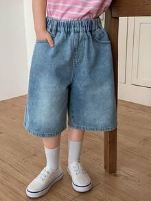 DAZY Quần short denim dài đến 3/4, cạp chun co giãn dành cho bé gái. - Màu xanh lam - Xem 5