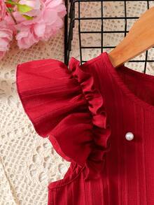 SHEIN Young Girl Cute Summer Vacation Elegant Textured Ruffle Trim Beaded Cap Sleeve A-Line Dress, Red - Red - View 9