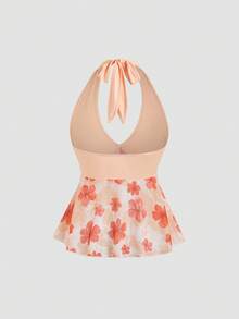 Sweetra Set casual da 2 pezzi in stile vacanza francese da donna, composto da top senza maniche con collo alla francese e stampa, e gonna corta con vita plissettata e balza, adatto per primavera/estate - Multicolore - Visualizzare 4
