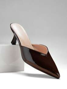 SHUZIA #ElegantEdit Women's Pointed Toe Patent-Finish Coffee Mule Heels – Sleek, Polished & Chic - Coffee Brown - View 3