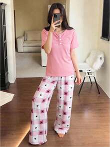 女童甜心格子睡衣套装，粉色罗纹荷叶边短袖 - 粉色 - 查看 3