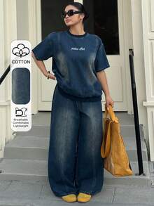 Dazy Plus 2pcs Plus Size Women Washed Blue Letter Embroidery Loose Long Sleeve Top And Pants Denim Set, Spring/Autumn - Dark Wash - View 1