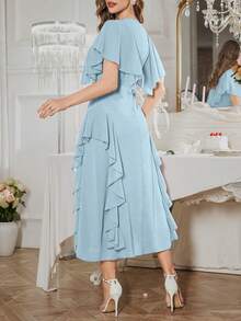 Modelyn Vestido con mangas con volantes y cintura con lazo, diseño francés para mujer - Celeste - Ver 2