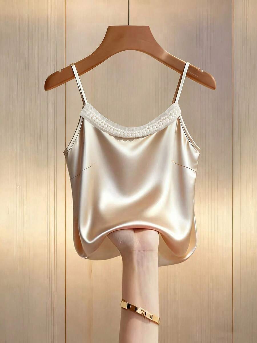 Franclia Women's Casual Regular Length Apricot Rib-Knit Spaghetti Strap Cami Top - Apricot - View 1