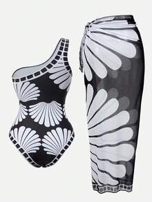 Swim Oasis 女士度假印花露肩连体泳衣，带罩衫和裙子 - 彩色 - 查看 2