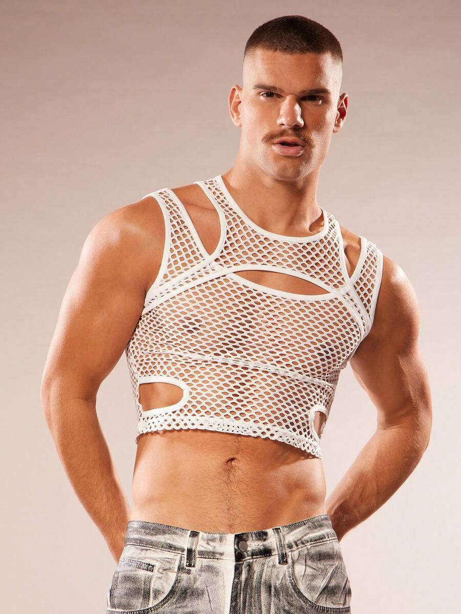 FeverCity Men's Fashionable Sexy Hollow Out Sheer Cropped Tank Top - White - View 1