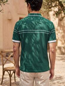 Airaco Summer Celebration Season Green Half-Zip Striped Breathable Polo Shirt, Luxury Date & Casual Wear For Men - Dark Green - View 2
