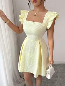 Elenzga Đầm công sở mini thanh lịch, ngọt ngào, màu kem vàng, mùa hè, cổ vuông, tay ngắn, dáng chữ A, chất liệu cao cấp, họa tiết hoa, chất liệu dệt hoa, thích hợp cho ngày Quốc khánh Mỹ Y2K. - Vàng nhạt - Xem 7