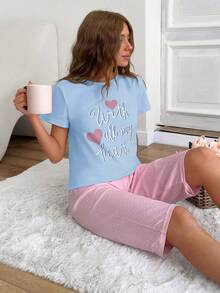 EURMUSE Cotton Women 2 Pcs Contrast Colour Slogan Printed Short Sleeve Shirt And Printed Capri Bottom Pj Set - Baby Blue - View 1