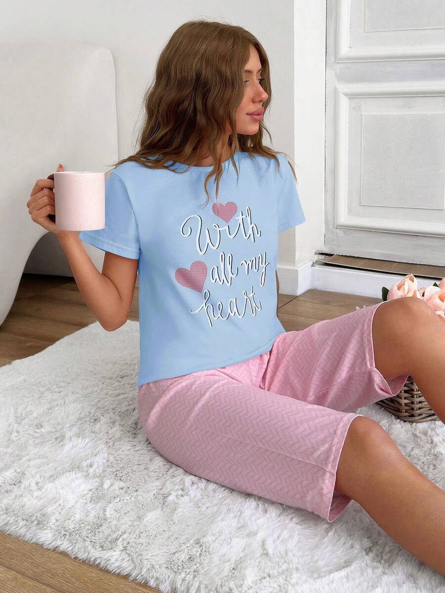 EURMUSE Cotton Women 2 Pcs Contrast Colour Slogan Printed Short Sleeve Shirt And Printed Capri Bottom Pj Set - Baby Blue - View 1