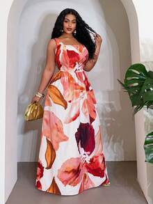 Spring & Summer New Elegant Floral Print Sleeveless Square Neck A-Line Maxi Dress, Suitable For Parties, Weddings, Gatherings, Vacations - Plus Size, Plus Size Woman - Multicolor - View 7