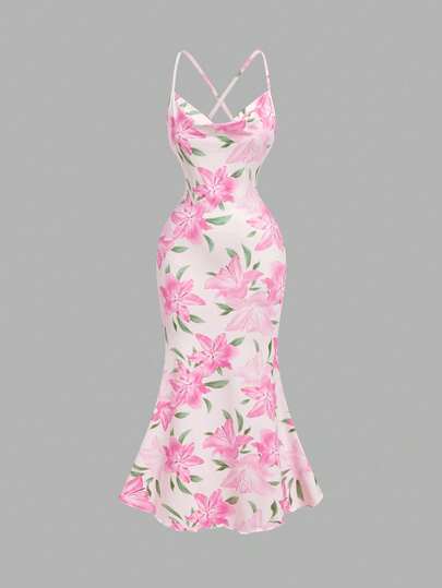 SHEIN MOD Pink Floral Print Fitted Mermaid Dress With Crisscross Thin Straps, Highlighting An Elegant Silhouette And Charming Collarbone. Lightweight Fabric Perfect For Spring And Summer Evening Events, Parties, And Romantic Dates. Beach Dresses Wedding Guest Dress For Women Wedding Party Dress Graduation Dress Vacation Outfits Women Holiday Dresses Country Concert Outfit