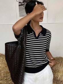 女士条纹 Polo 领短袖休闲针织上衣，春夏款 - 黑色 - 查看 6