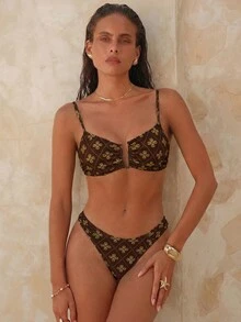 Swim Chiccia Casual Fabric Women's Bikini Set Featuring Print, V Wired Top, Spaghetti Straps, And High Cut Bottom - Multicolor - View 1