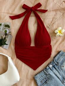 Soleia Textured Fabric Triangle Hem Fitted Halter Neck Tank Top, Suitable For Vacation, Music Festival, Bohemian, Holiday, Date, Afternoon Tea,Summer Top - Burgundy - View 4